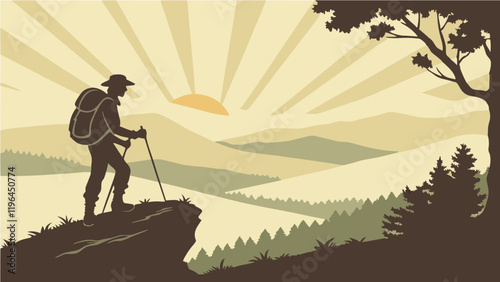 hiker in mountains Solitary Journey: Witnessing the Golden Sunrise Over a Misty Valley