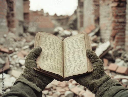 Old Book in Hands Amidst Ruins of Destruction, Symbolizing Knowledge and Resilience in an Abandoned, Crumbling Landscape of a Forgotten Past photo