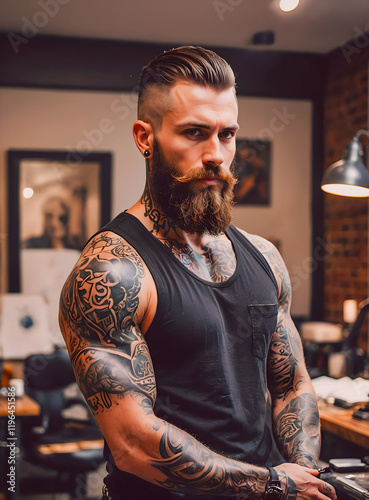 Obraz na płótnie Handsome Men with muscular body – handyman barber w salonie