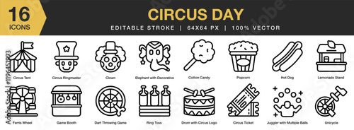 Circus Day icon set. Editable Stroke Icon Collection. Includes carnival, circus, entertainment, show, amusement, and More. Outline icons vector collection.