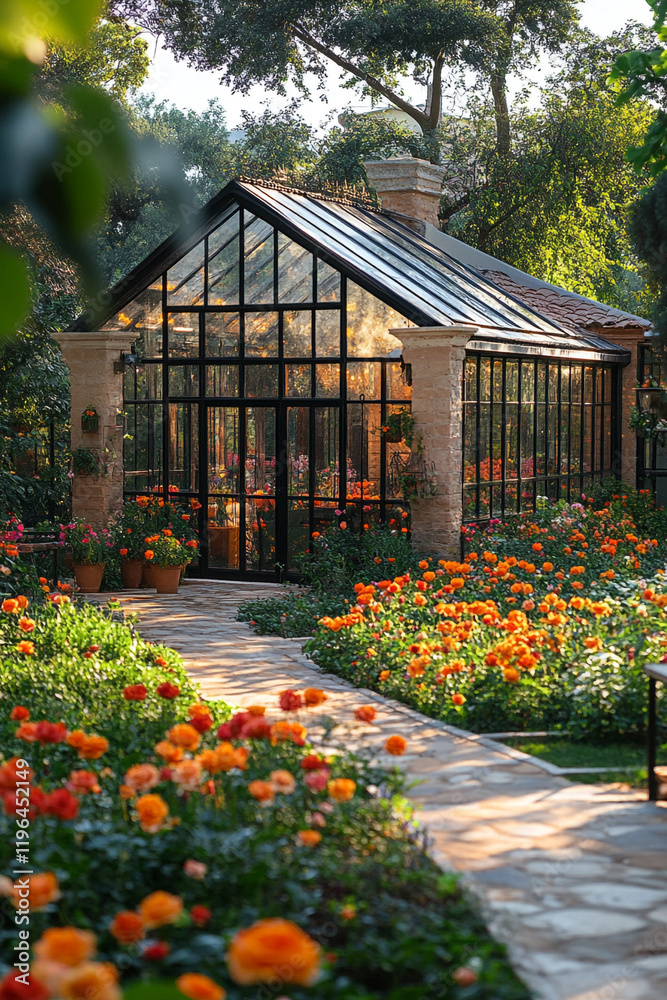 Obraz premium Glass Greenhouse Surrounded By Orange Flowers In A Garden