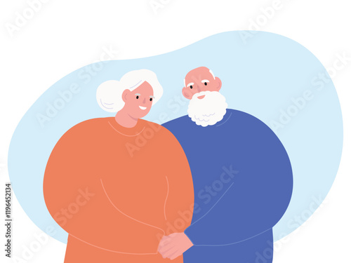 Elderly happy couple. Gray-haired old husband and wife smile together and hug each other. Vector flat graphics.