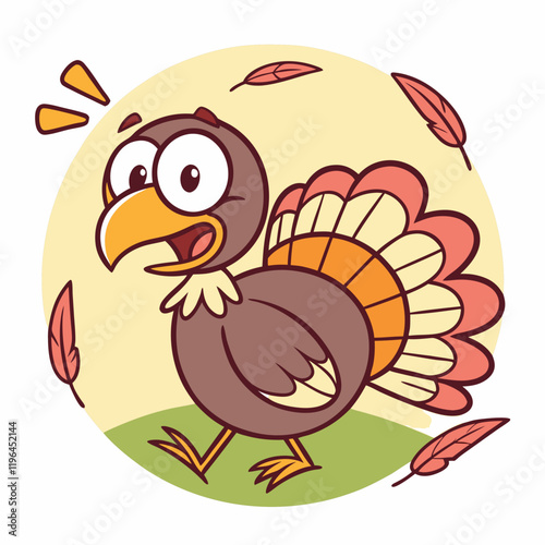 A funny cartoon turkey running away with feathers flying, perfect for Thanksgiving designs.