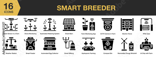 Smart Breeder solid icon set. Includes livestock, control, plant, feeding, harvest, and More. Solid icons vector collection.
