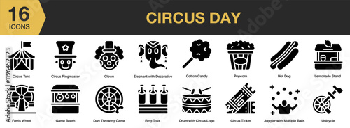 Circus Day solid icon set. Includes arena, festival, action, performer, acrobatic, and More. Solid icons vector collection.