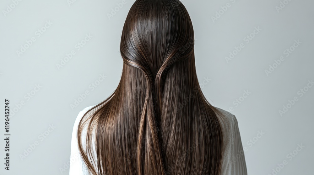 Fototapeta premium Elegant long hair styled in a unique way, set against a minimalist backdrop, ideal for beauty concepts