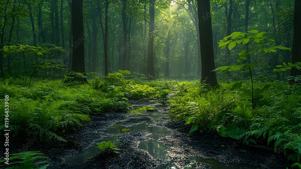 Fototapeta premium A lush green forest with diverse wildlife, including birds, deer, and small mammals in a serene environment