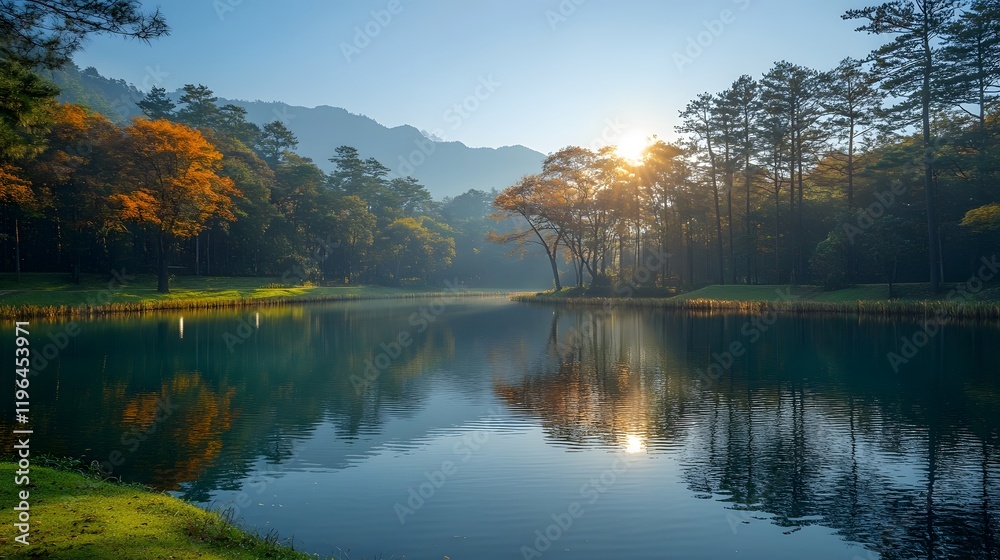 A tranquil lake reflecting the surrounding trees and wildlife, emphasizing water resource conservation