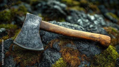 Rustic hand axe with wooden handle rests on mossy rocks. photo