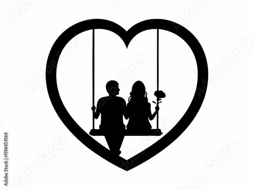 heart framed romantic couple silhouette on a swing illustration 