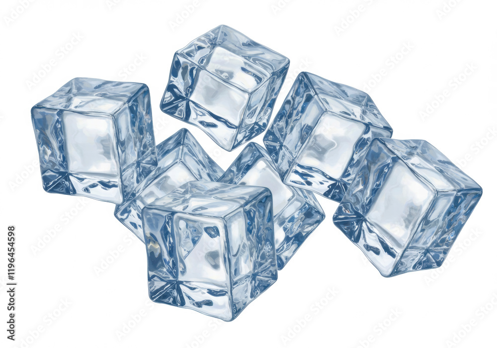 Crystal-clear ice cubes floating against a pure white backdrop, isolated for a clean, refreshing look Crystal-clear ice cubes floating against a pure white backdrop, isolated for a clean, refreshing look