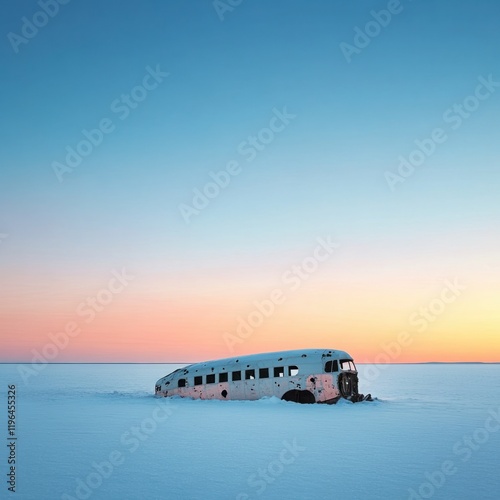 Abandoned Bus Half-Buried in Snow on a Vast Frozen Landscape Under a Colorful Sunset Sky, Capturing the Tranquility of Winter's Embrace and Stunning Natural Beauty