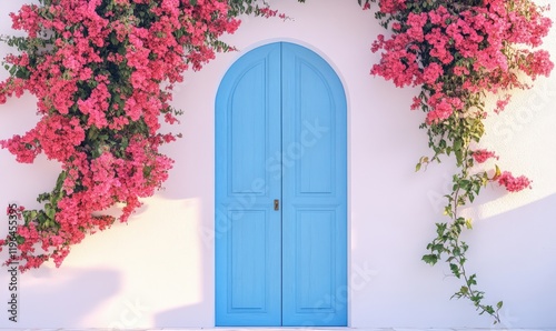 Fototapeta Naklejka Na Ścianę i Meble -  White walls and blue doors, red flowers at the entrance