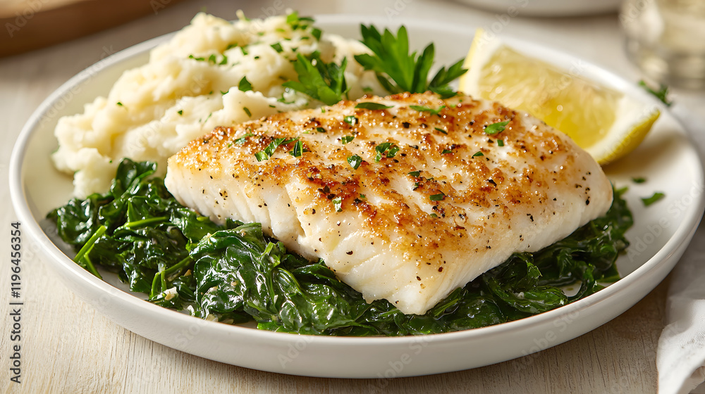 Golden Crusted Pan Seared Halibut Fillet with Mashed Potatoes and Greens Golden Crusted Pan Seared Halibut Fillet with Mashed Potatoes and Greens