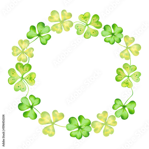 Round frame of shamrock and four leaf clover for St. Patrick's Day. Watercolor and marker illustration. Hand drawn isolated art. Botanical background with space for text, copy space