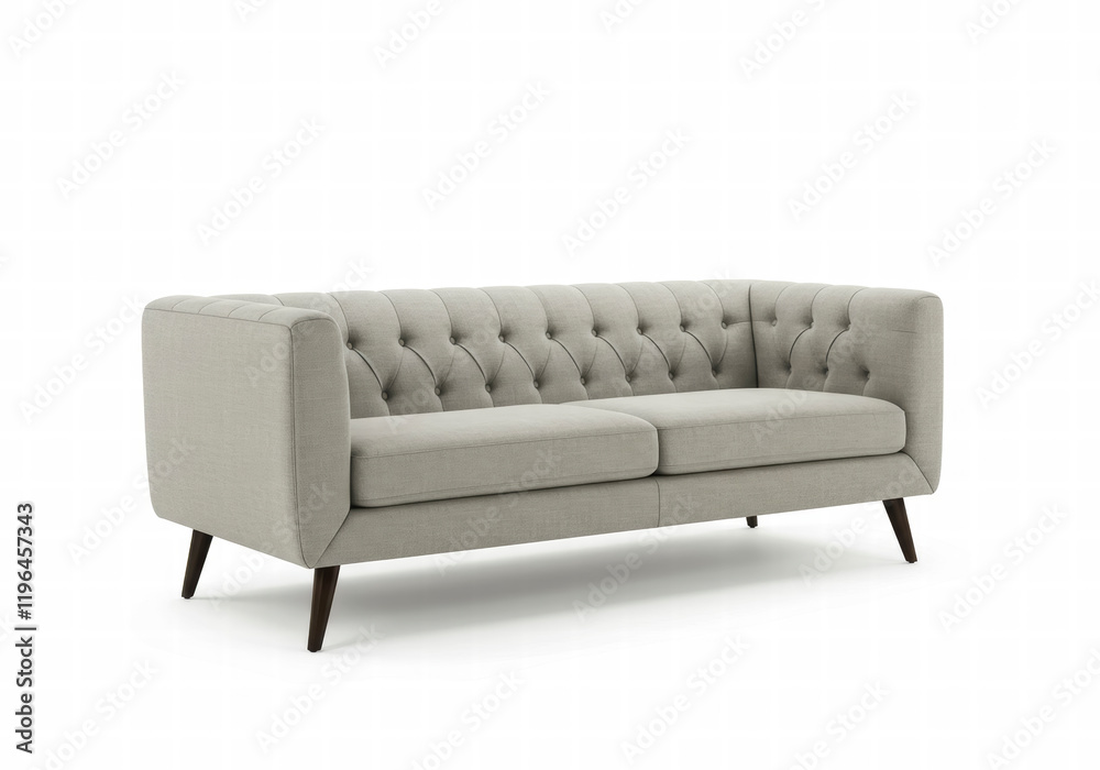 Stylish modern sofa with button tufting and sleek angular wooden legs, isolated on a clean background Stylish modern sofa with button tufting and sleek angular wooden legs, isolated on a clean background