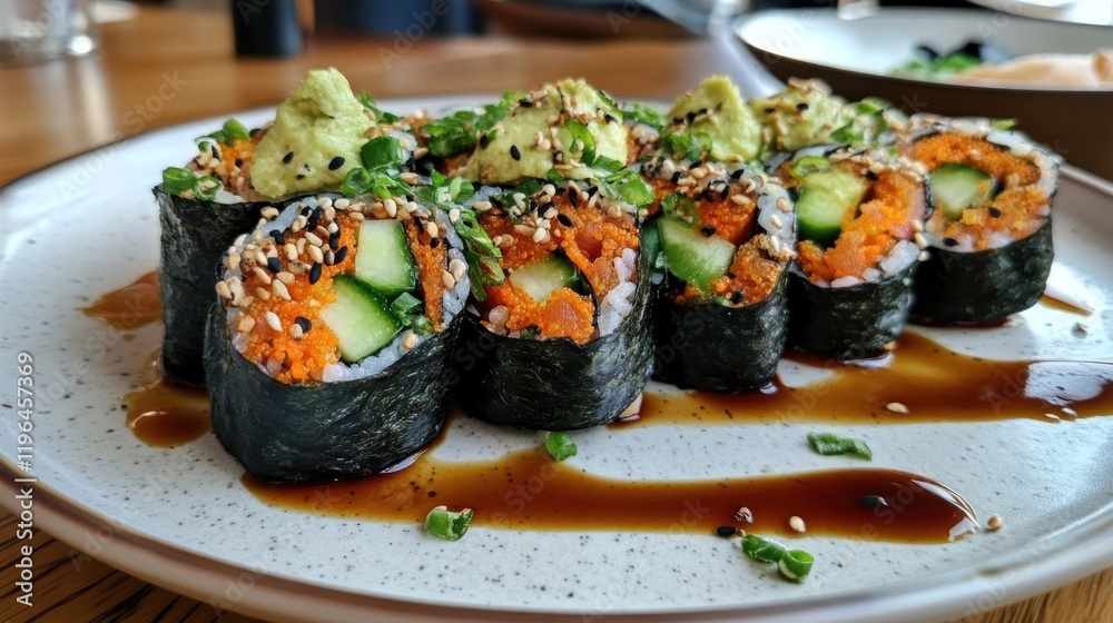 Delicious Sushi Rolls with Avocado and Sesame Seeds Delicious Sushi Rolls with Avocado and Sesame Seeds