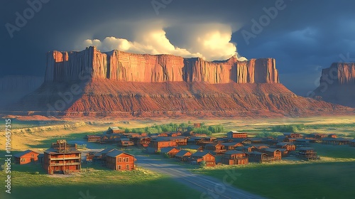 Western Town nestled beneath Majestic Canyon Cliffs: A Dramatic Sunset Painting photo