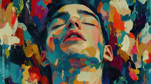 A colorful portrait of a serene person amidst vibrant abstract hues.
