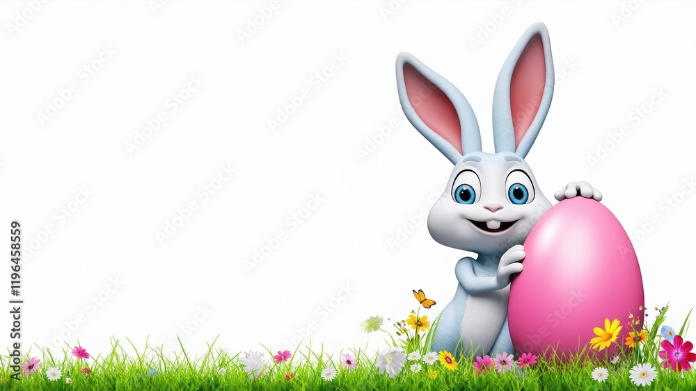 Fototapeta premium Cute easter bunny with egg and spring flowers with copy space
