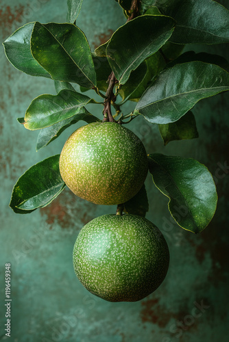 Two Green Limes Hanging From A Branch With Lush Leaves