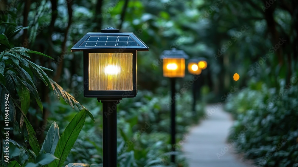 Solar lights illuminate garden path at dusk