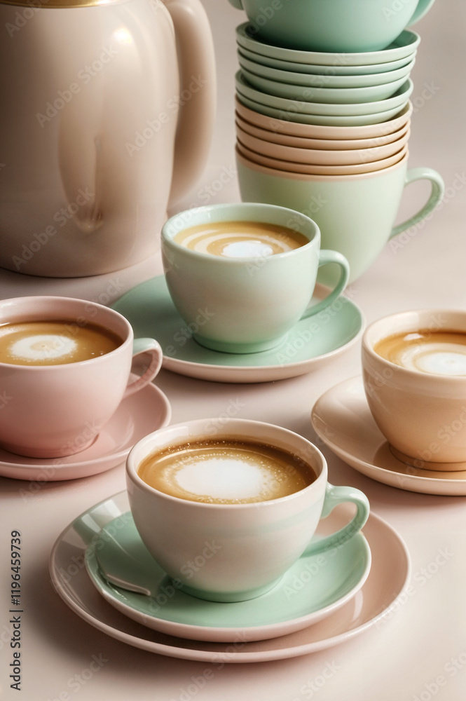 A pastel pink background with coffee cups, macarons, and small flowers.