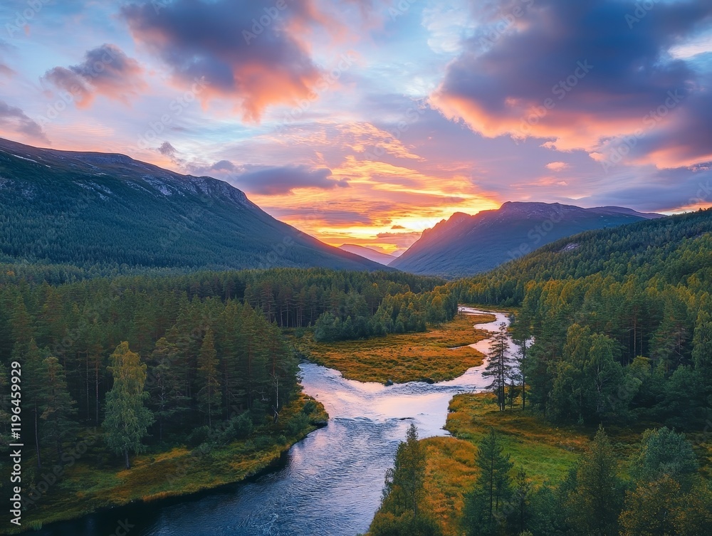 Fototapeta premium Breathtaking sunset over river valley nature landscape photography serene environment aerial view tranquil beauty