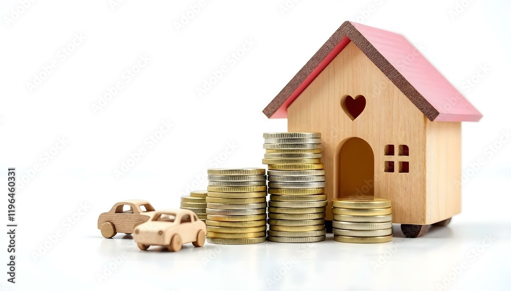 A house surrounded by stacks of coins and a toy car, symbolizing real estate investment opportunities A house surrounded by stacks of coins and a toy car, symbolizing real estate investment opportunities