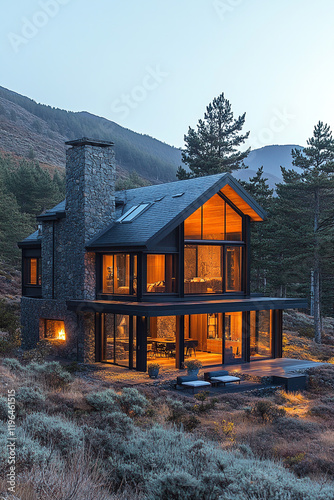 Modern Mountain Home Illuminated At Dusk