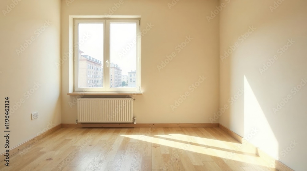 Fototapeta premium Sunlight streams into an empty room with light hardwood floors and a radiator under a large window.