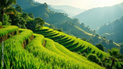 Serene Panorama of Verdant Rice Terraces Cascading Down Lush Green Hillsides Under a Soft Morning Light