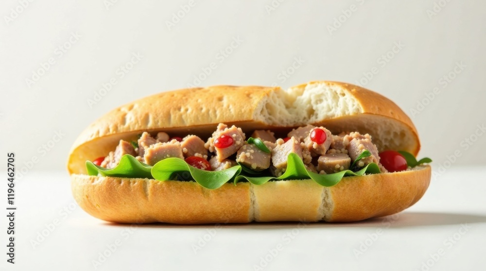 Delicious Savory Sub with Fresh Salad and Tangy Topping on a Crusty Roll Delicious Savory Sub with Fresh Salad and Tangy Topping on a Crusty Roll