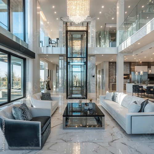 Modern home interior with glass elevator.