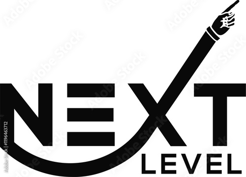 Modern "Next Level" typography logo with creative design, black and white text illustration, upward cable hand icon, futuristic branding, digital innovation, and business growth concept