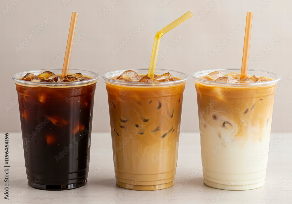 A trio of iced coffee drinks in transparent cups with straws, each displaying different amounts of milk and cream A trio of iced coffee drinks in transparent cups with straws, each displaying different amounts of milk and cream
