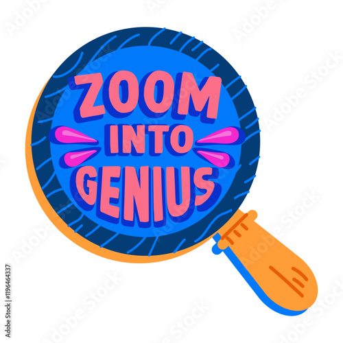 Magnifier glass with zoom into genius text, flat sticker 
