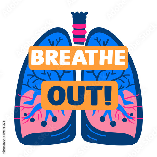 Human lungs with breath out text, flat sticker 
