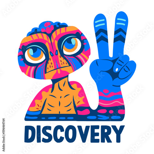 A flat sticker of alien character doing victory gesture with discovery text 

