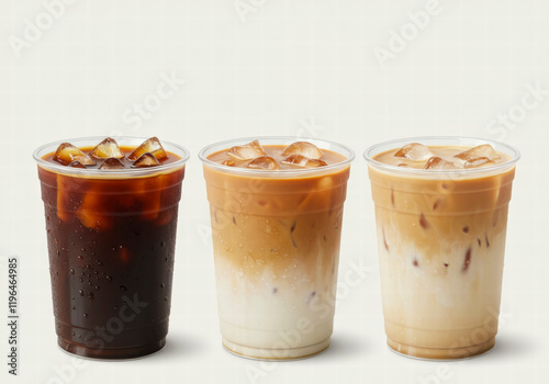Wallpaper Mural Three iced coffee beverages in clear cups with straws, showcasing different levels of milk and cream Torontodigital.ca