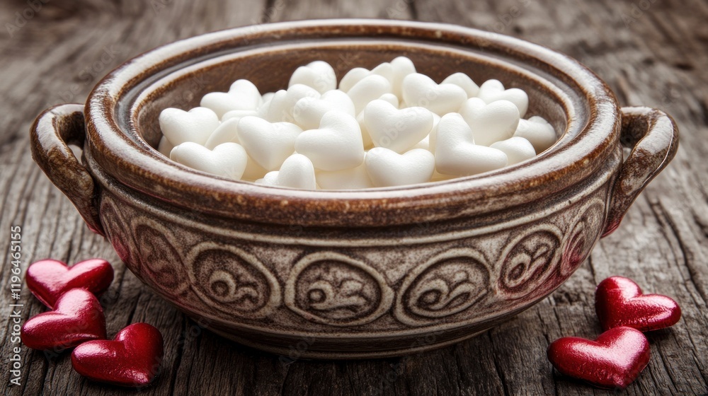 White heart candies in a rustic bowl, surrounded by red heart decorations on a wooden table. Romantic Valentine's Day image. White heart candies in a rustic bowl, surrounded by red heart decorations on a wooden table. Romantic Valentine's Day image.