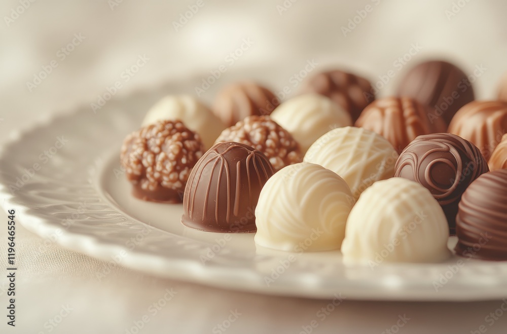 Exquisite Assortment of Artisan Chocolate Truffles Displayed Elegantly on a White Plate, Perfect for Celebrations and Gourmet Treats Exquisite Assortment of Artisan Chocolate Truffles Displayed Elegantly on a White Plate, Perfect for Celebrations and Gourmet Treats