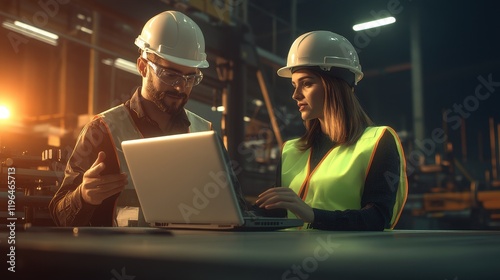 Wallpaper Mural Two industrial engineers in safety gear discussing work process using laptop in factory with warm lighting Torontodigital.ca