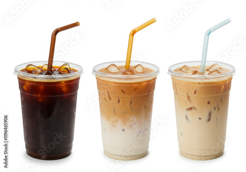 Wallpaper Mural Three iced coffee beverages in clear cups with straws, showcasing different levels of milk and cream Torontodigital.ca