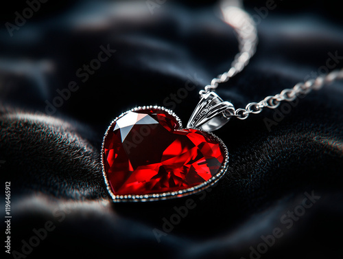 Single ruby heart-shaped pendant on black velvet surface, elegant photorealism, Valentine's Day heart