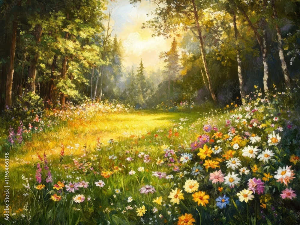 Obraz premium Vibrant flower meadow in forest clearing nature scene brightly lit environment tranquil viewpoint serenity concept