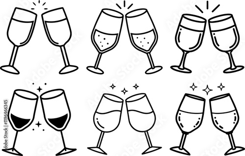 Set of Black Line Art of a Wineglass in Toast - Vector Illustration