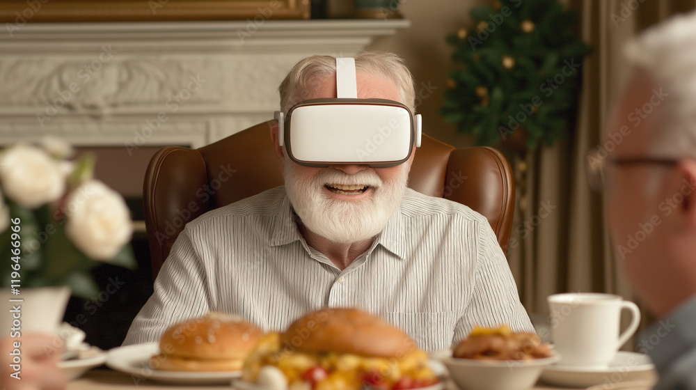 Senior Man VR Experience: An elderly gentleman with a joyful expression wears a VR headset while seated at a table laden with food, suggesting a futuristic dining or entertainment experience. Senior Man VR Experience: An elderly gentleman with a joyful expression wears a VR headset while seated at a table laden with food, suggesting a futuristic dining or entertainment experience.