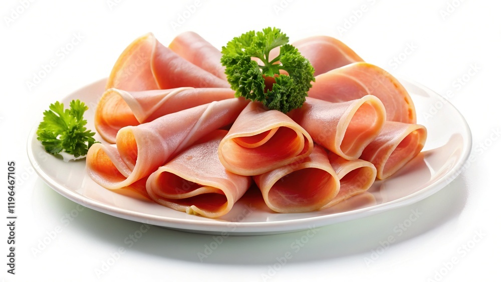 Delicious Chicken Ham Slices on White Plate - Isolated Stock Photo Delicious Chicken Ham Slices on White Plate - Isolated Stock Photo