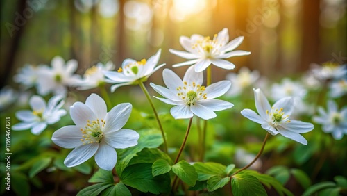 Delicate White Isopyrum thalictroides Spring Blossoms Close-Up in Forest photo